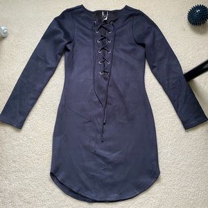 Navy Lace Up Velvet Dress